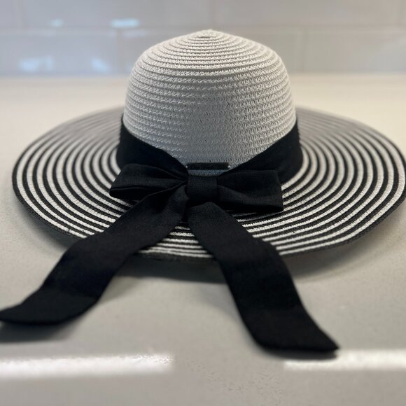 Summer Braided Hat White and Navy Striped  Navy Grosgrain bow with long tail